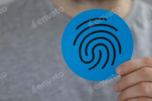 Preview: Person presenting a virtual projection of a fingerprint representing private information protection