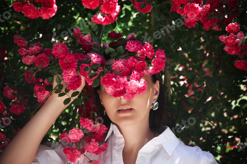 Preview: Woman stands among pink flowers in a garden on a sunny day in spring
