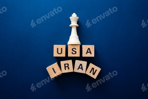 Preview: Chess king on usa and iran blocks representing conflict