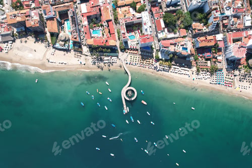Preview: aerial view of an ocean city with many boats and beach chairs