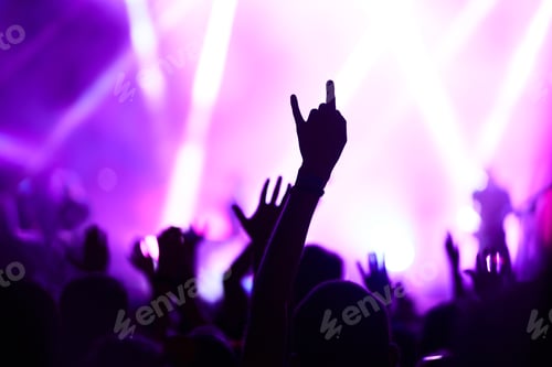 Preview: People taking photographs with phone during a music festival. Fans enjoying rock concert with light.