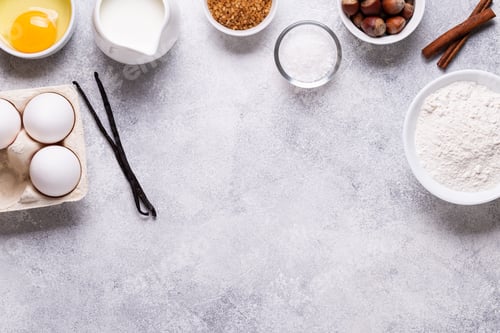 Preview: Ingredients for baking - flour, milk, salt, sugar, eggs.