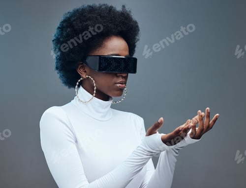 Preview: Futuristic sunglasses, fashion and black woman, gen z youth and stylish with trendy designer brand