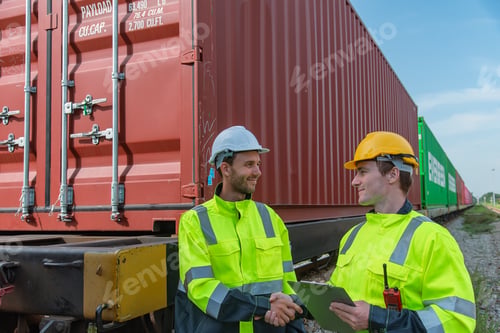 Preview: Efficient workers inspect cargo containers freight yard.