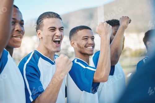 Preview: Soccer player, victory or excited team in celebration for goal or success on a field in sports game