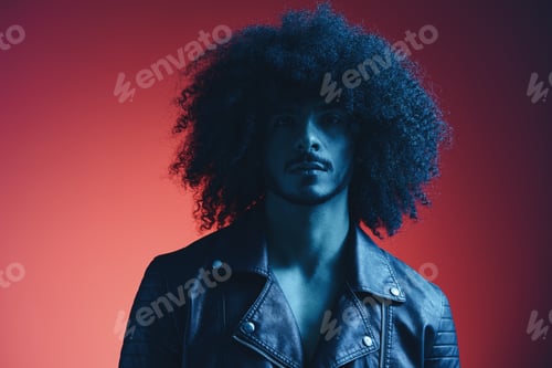 Preview: Portrait of fashion man with curly hair on red background multinational, colored light, black