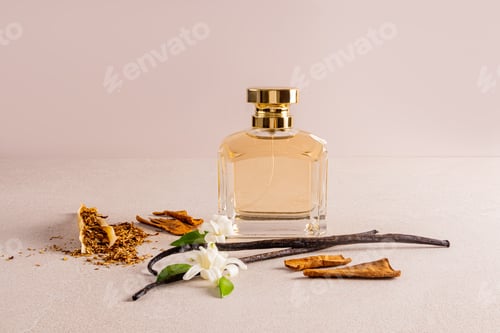 Visualização: frasco de perfume com tampa dourada com um aroma luxuoso de notas de baunilha e tabaco em um fundo bege