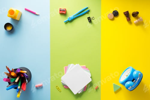 Preview: school supplies at abstract colorful background