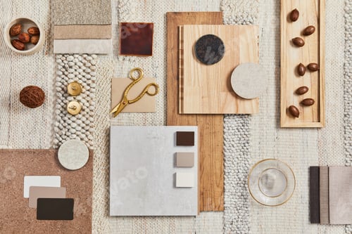 Preview: Flat lay design of creative architect moodboard composition