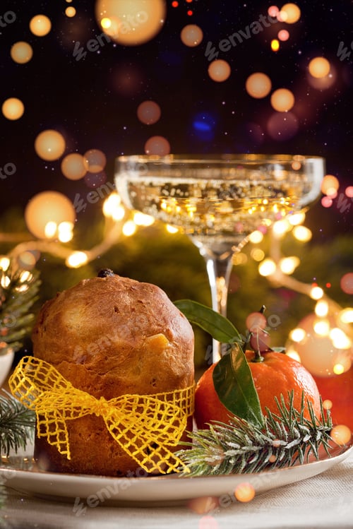Preview: Winter holidays celebration with champagne and panettone traditional sweet italian dessert