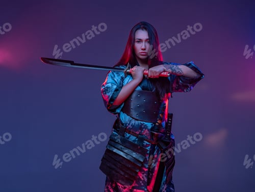 Preview: Futuristic woman samurai posing with steel sword