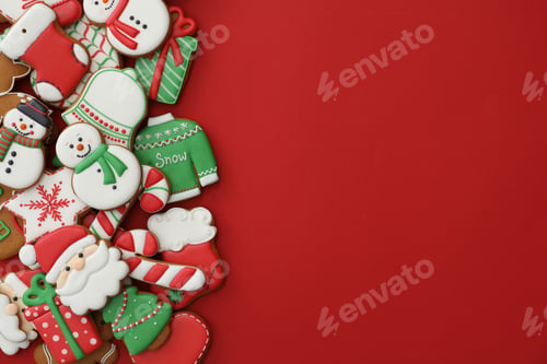 Preview: Different Christmas gingerbread cookies on red background, flat lay. Space for text