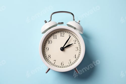 Preview: White alarm clock on light blue background, top view