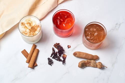 Preview: Traditional "aguas frescas", Mexican flavored drinks, horchata, hibiscus and tamarind.