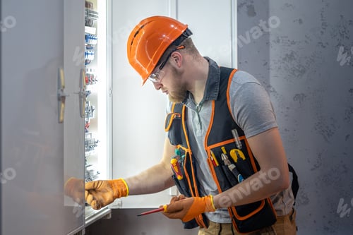 Preview: Male electrician working in switchboard. Male electrician in overalls working with electricity.