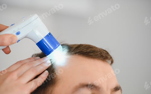 Preview: Female doctor looks at a man's scalp with a dermatoscope.