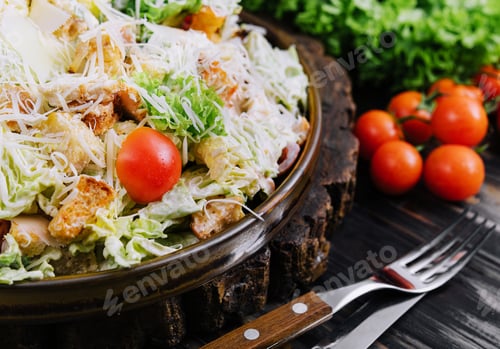 Preview: Fresh Caesar Salad on a Wooden Kitchen Table