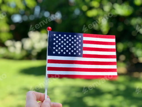Preview: Hand holding a small red white and blue American flag against a green background on July fourth