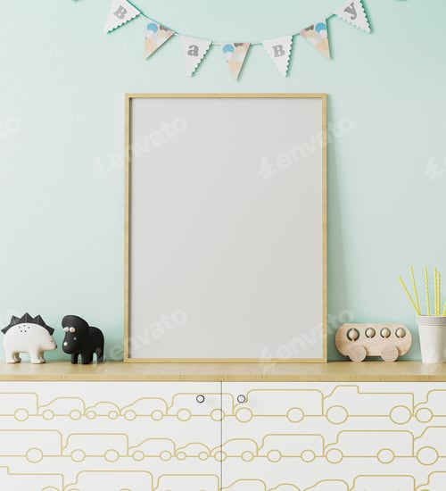 Preview: Blank wooden poster frame mockup in children's room interior with light blue wall