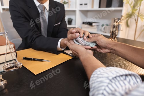 Preview: An unethical act of bribery showing hands exchanging cash in a law office environment