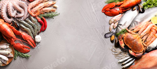 Preview: Fresh sea food on grey table, top view. Banner design with space for text