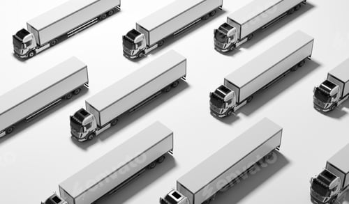 Preview: Fleet of new heavy trucks on white. Transport, shipping industry