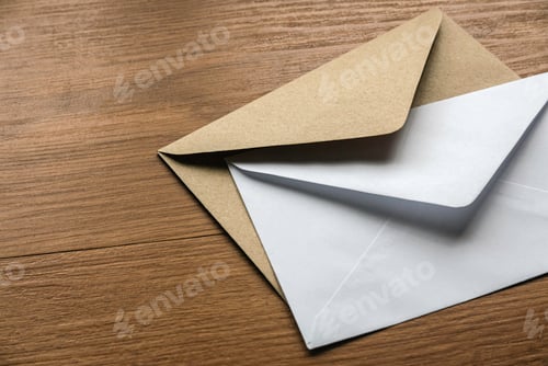 Preview: Brown and white envelope on a wooden background.
