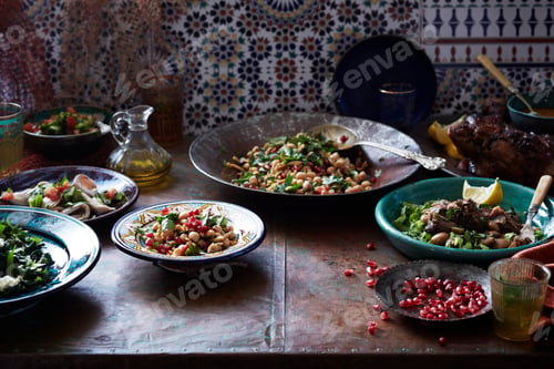 Preview: A feast of Middle Eastern dishes on a patterned tabletop.