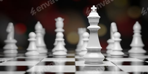 Preview: White Chess king ahead and blur chess pieces on chessboard, Winner leader concept.