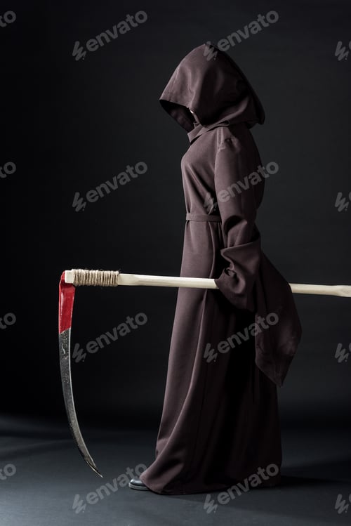 Preview: full length view of woman in death costume holding scythe on black