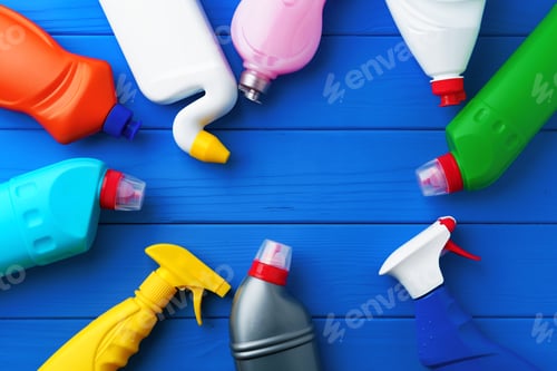 Preview: Household cleaning supplies on blue wooden background flat lay
