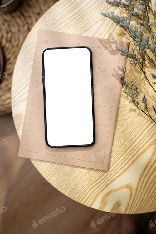 Preview: mockup blank screen mobile on round table with sunlight