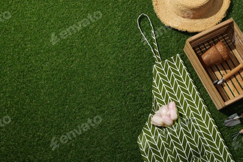 Preview: Tulips in apron, garden supplies in wooden box and hat on green background, space for text