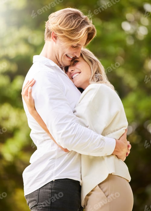 Preview: Park, dating and couple hug for happy, quality time and bonding for engagement, vacation and holida