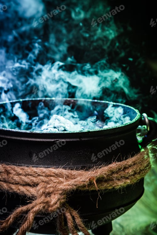 Preview: Closeup of witcher cauldron with blue mixture for Halloween