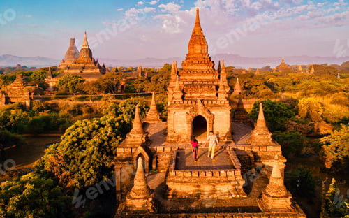 Preview: Bagan Myanmar, hot air balloon during Sunrise above temples and pagodas of Bagan Myanma