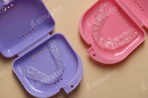 Preview: Clear aligners in colorful retainer cases on beige background, flat lay