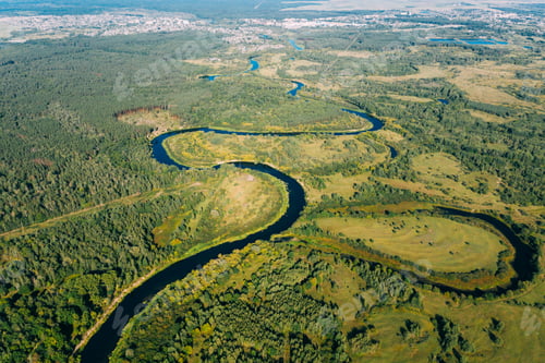 Preview: Aerial View Green Forest Woods And River Landscape In Sunny Summ