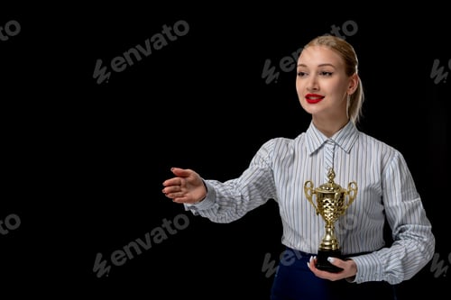 Preview: Business woman happy cute girl giving a handshake with trophy with red lipstick in office outfit