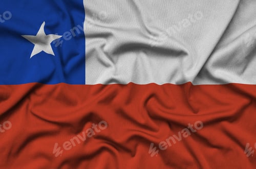 Preview: Chile flag is depicted on a sports cloth fabric with many folds. Sport team waving banner