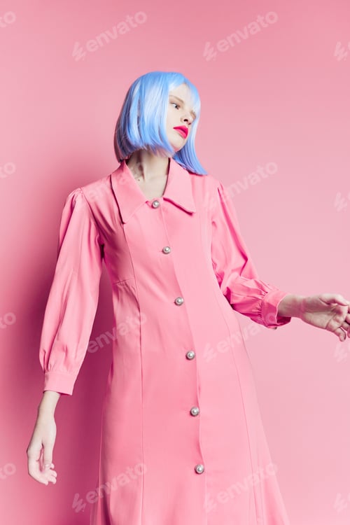 Preview: female wears a blue wig makeup isolated background