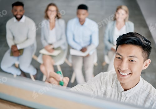 Preview: Business, Asian man and writing on board for presentation, workshop and budget feedback for staff,