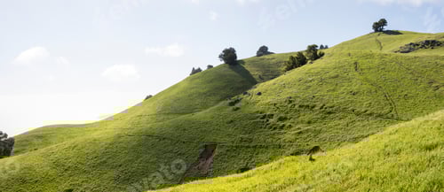 Preview: Scenic shot of a mountain with a green grass meadow on it on a sunny day