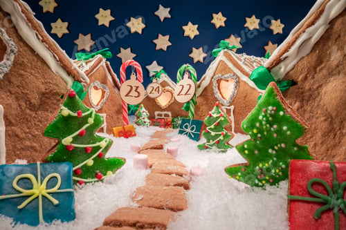 Preview: Stunning Christmas gingerbread village at night with cookie stars.