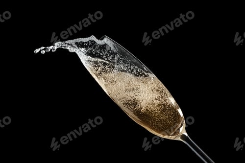 Preview: Glass of fizzy champagne on black background, closeup
