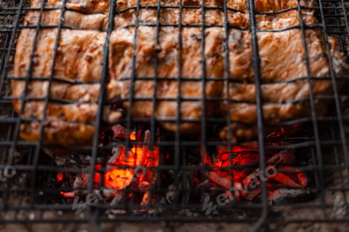 Preview: Marinated pork on a grill in the woods. Meat is fried on coals, fire, on the river bank. Grill on