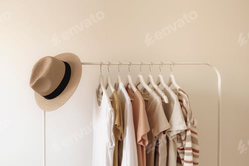 Preview: Rack with stylish women's summer clothes. Concept for shopping store, beauty, fashion.