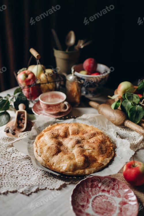 Preview: Autumn holiday apple pie in rustic style, homemade baked goods in dark colors