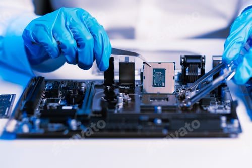 Preview: The technician repairing the motherboard in the lab with copy space. the concept computer hardware
