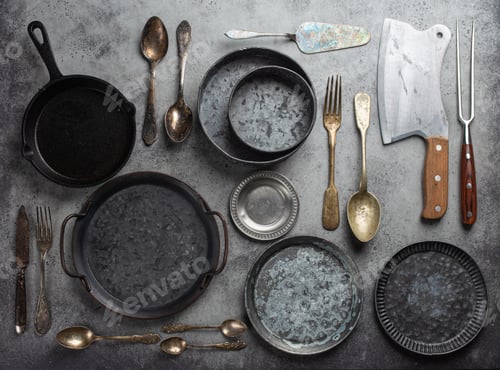 Preview: Old vintage tableware and kitchen utensils on rustic stone background, top view